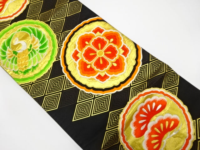 アンティーク　丸紋に鶴・華紋・松模様織り出し袋帯（着用可）